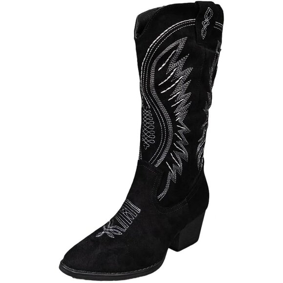 ⚡Women's Black Solid Color Suede Embroidered Side Zipper High Heeled Boots - Picture 1 of 7